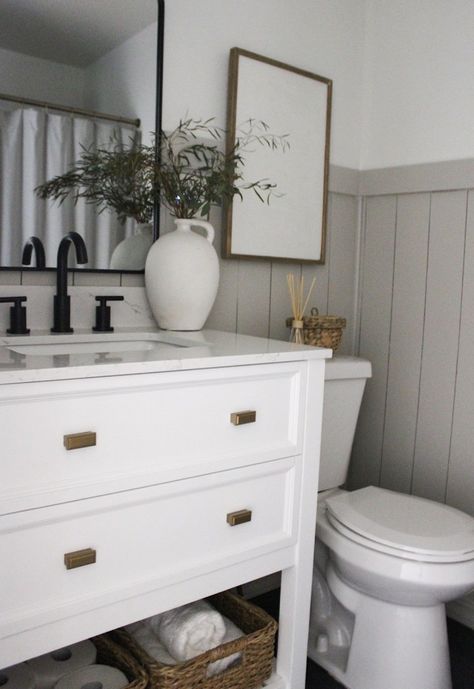 Modern Neutral Bathroom, Greige Bathroom, Guest Bathroom Renovation, Closet Door Makeover, Shiplap Bathroom, Bifold Closet Doors, Neutral Bathroom, White Vanity Bathroom, Downstairs Bathroom