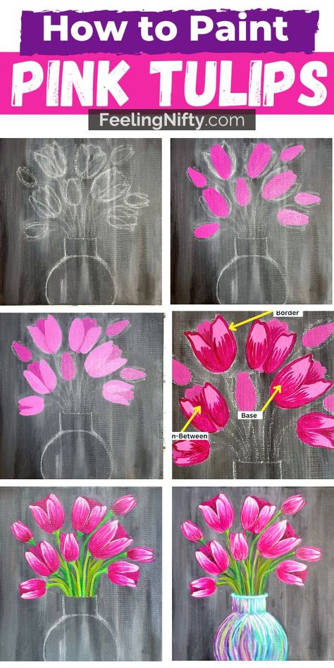 Acrylic Flower Tutorial Step By Step, Paint And Sip Ideas Flowers, Painting On Canvas Step By Step, Spring Step By Step Painting, How To Paint Tulips Step By Step, Spring Diy Painting, First Canvas Painting Ideas, Diy Spring Painting Canvas, Step By Step Flower Painting Acrylic