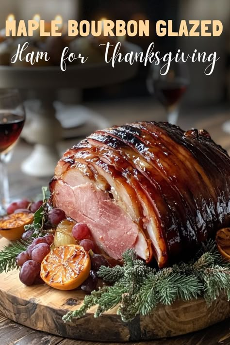 Add sweet and smoky flavor to your holiday table with maple bourbon glazed ham, a centerpiece worthy of any feast. #BourbonHam #HolidayMains Ham In Bone Recipe, Honey Maple Bourbon Glaze, Maple Bourbon Glazed Ham, Honey Bourbon Ham Glaze, Bourbon Maple Glaze, Glaze For Smoked Ham, Boars Head Ham Glaze Recipe, Marmalade Ham Glaze, Bone In Ham Recipes