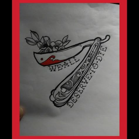 Sweeney Todd Tattoo Straight Razor, Tim Burton Patchwork Tattoo, Metal Music Tattoo Ideas, Goth Filler Tattoo, Sweeney Todd Tattoo Ideas, Charlie And The Chocolate Factory Tattoo, Sweeny Todd Tattoos, Headstone Tattoo, Sweeney Todd Tattoo