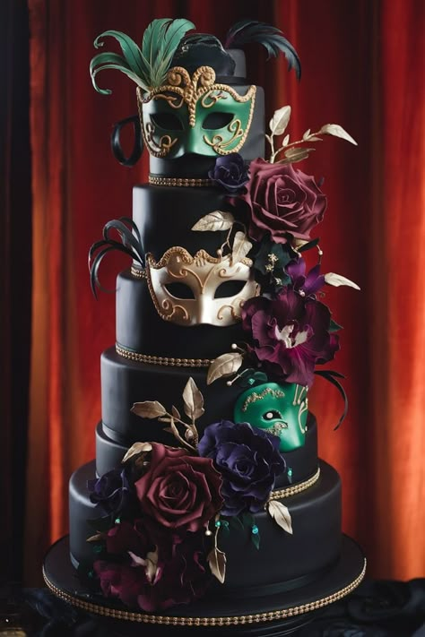 Dramatic Masquerade Birthday Cake with Elegant Masks and Roses Red And Black Cakes, Aesthetic Black Birthday, Black Cake With Red Roses, Masquerade Cake Ideas, Birthday Cake With Red Roses, Rose Masquerade Mask, Masquerade Ball Cake, Masquerade Wedding Theme, Birthday Cake Aesthetic Black