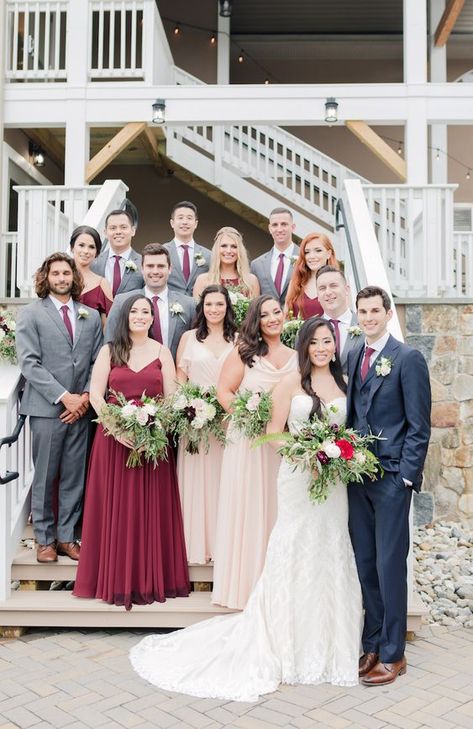 Navy Wedding Color Schemes, Blush Wedding Groomsmen, Wedding Burgundy And Blush, Maroon And Navy Wedding, Navy Wedding Theme, Burgundy Bridesmaids, Pink And Burgundy Wedding, Gold And Burgundy Wedding, Rock Island Lake Club