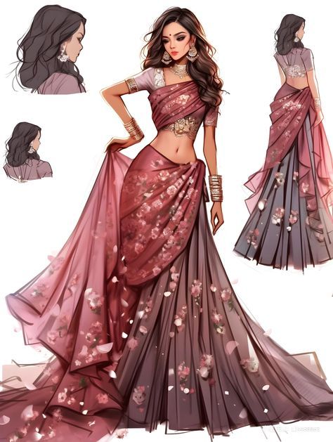 Indian Queens Royals Dress, Fantasy Indian Clothing, Royal Indian Aesthetic, Sand Kingdom, Dnd Outfits, Saree Aesthetic, Vestidos Anime, Dreamy Gowns, Dress Illustration