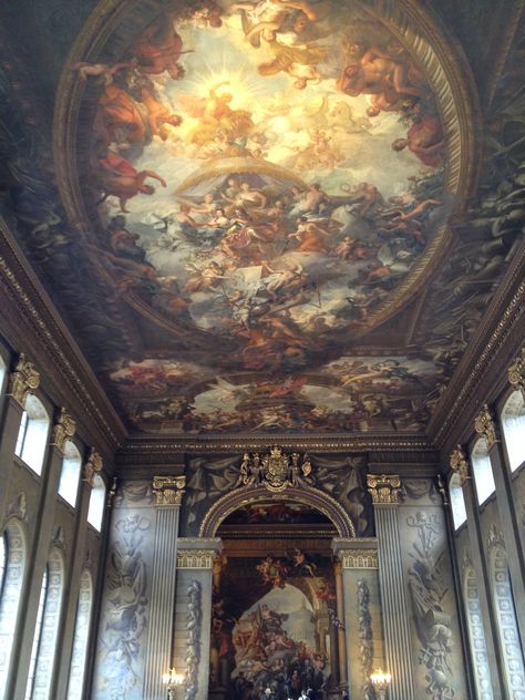 Greenwich, England. Old Royal Naval College. The paintings are too impressive to capture on film. Jaw-dropping impressive. Old Royal Naval College, University Of Greenwich, Ceiling Painting, Places In England, England Trip, Painted Ceiling, Old Paintings, Summer 2014, World Heritage Sites