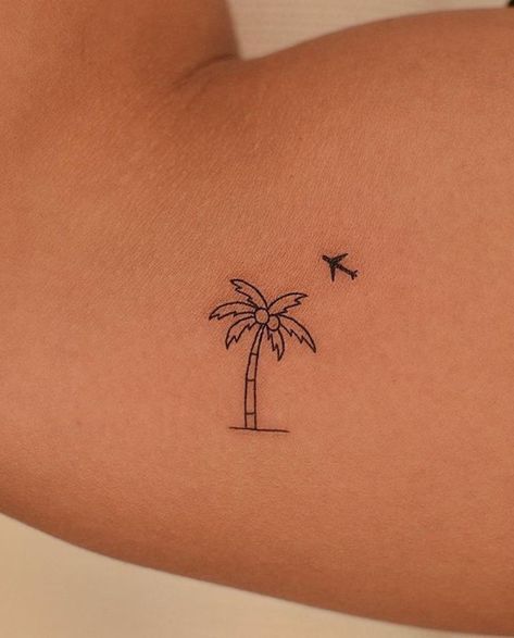 Cute Florida Tattoos, Coconut Palm Tree Tattoo, Palm Tree Fine Line Tattoo, Tenerife Tattoo Ideas, Palm Tree Outline Tattoo, Benidorm Tattoo, Bahamas Tattoo, Aruba Tattoo, Holiday Tattoo Ideas