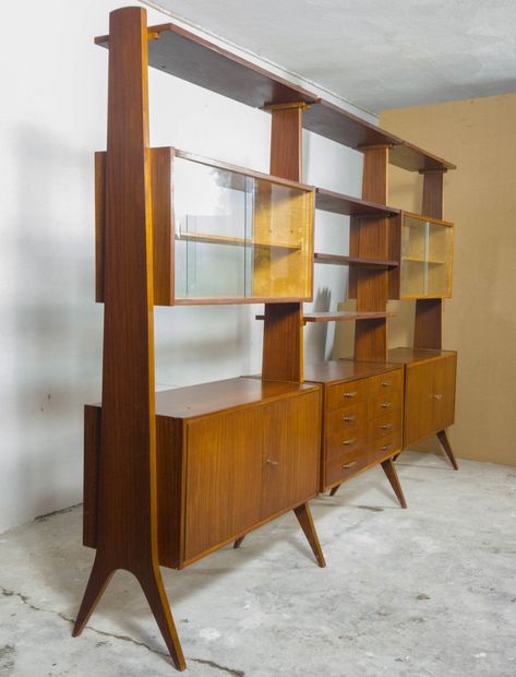 Midcentury Modern Wall Shelves, Mcm Diy Furniture, Midcentury Wall Unit, Mcm Wall Unit, Divider Bookshelf, Mid Century Room Divider, Mid Century Wall Unit, Harris House, Modern Bookcases