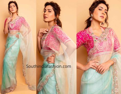 Raashi Khanna attended the audio launch event of Sanga Thamizhan movie wearing a pastel blue organza saree that featured scalloped embroidered borders paired with contrast pink embroidered blouse by Label Nimbus. Sky Blue Saree With Pink Blouse, Pastel Blue Saree Contrast Blouse, Pastel Blue Organza Saree, Sky Blue And Pink Outfit, Sky Blue Saree Contrast Blouse Colour, Light Blue Saree Contrast Blouse, Blue Saree With Pink Blouse, Sky Blue Saree Contrast Blouse, Contrast Saree Blouse Ideas