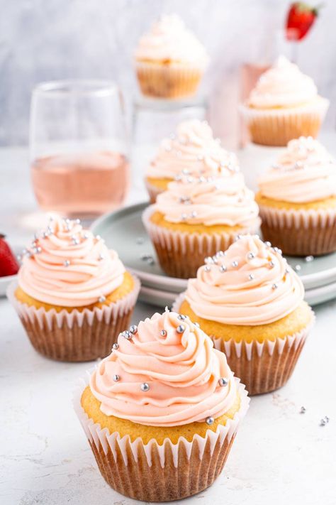 Rose Wine Cupcakes, Pink Rose Cupcakes, Moscato Cupcakes, Rose Frosting, Infused Cupcakes, Wine Cupcakes, Elegant Cupcakes, Pink Moscato, Wine Cake