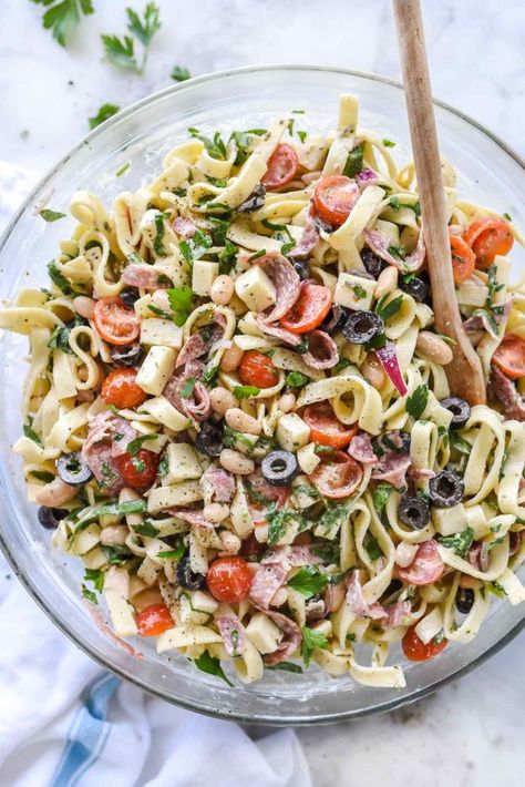 Creamy Tuscan Pasta Salad | foodiecrush.com Egg Noodle Pasta, Noodle Pasta Salad, Healthy Potluck, Tuscan Pasta, Noodle Pasta, Potluck Salad, Noodle Salad Recipes, Greek Salad Pasta, Greek Pasta