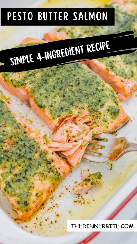 Impress your dinner guests with this stunning Pesto Butter Salmon! This simple, 4-ingredient dish brings together the earthiness of basil pesto, the luxuriousness of butter, and the savory tang of lemon juice for a truly unforgettable meal. Get ready for an explosion of flavors that'll have everyone coming back for seconds! Salmon Recipes With Pesto Sauce, Butter Pesto Salmon, Keto Pesto Salmon, Salmon With Pesto Sauce, Baked Salmon Pesto, Basil Salmon Recipes, Salmon Recipes For One Person, Salmon Milano With Basil Pesto Butter, Salmon And Pesto Recipes