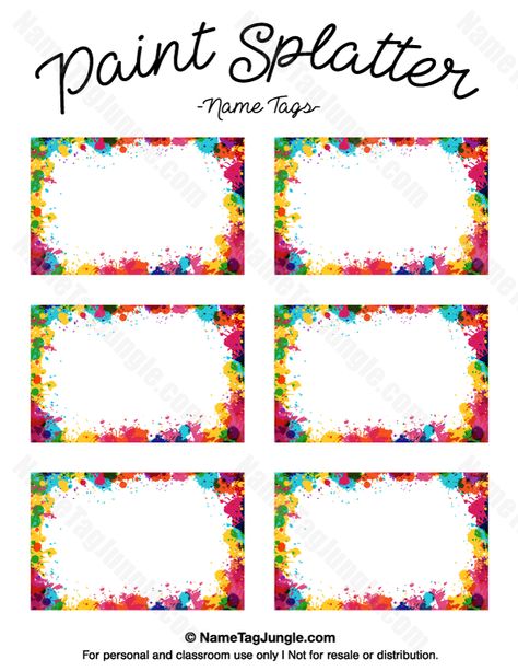 Free printable paint splatter name tags. The template can also be used for creating items like labels and place cards. Download the PDF at http://nametagjungle.com/name-tag/paint-splatter/ Spring Name Tags For Cubbies, Cda Portfolio Cover Free Printable, Free Name Tags Printables, Name Labels For School Printable, Name Badge Template, Preschool Name Tags, Tag Template Free, Printable Tags Template, Name Tag Templates