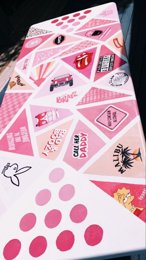 White Claw Beer Pong Table, Barbie Beer Pong Table, Easy Beer Pong Table Painted, Pink Ping Pong Table, Girly Ping Pong Table Painted, Pink Cup Pong Table, Easy Pong Table Ideas, Diy Beer Pong Table Designs Easy, Pink Whitney Pong Table