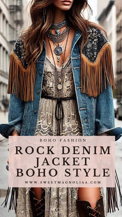 Dive into Bohemian elegance with our guide on transforming your denim jacket into a statement piece, perfect for any Boho style ensemble. #bohostyle #bohochic #bohofashion #denimjacket #fashion #womensfashion Boho Denim Outfit, Rock Denim Jacket, Boho Style Outfits, Embroidered Denim Jacket, A Jacket, Oversized Denim Jacket, Flowy Maxi Dress, Distressed Denim Jacket, Cropped Denim Jacket