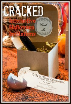 These are the coolest halloween invites!! Keywords: all hallows eve, spooky, fright night, special effects, fx, creepy, dinner party, interactive, yrick or treat, raven, poe, party, Entertaining Grace: Cracked: Interactive Halloween Invitations Unique Halloween Invitations, Halloween Invitation Wording, Halloween Invites, Spooky Dinner, Edgar Allen, Tea Party Invitations, All Hallows Eve, Allen Poe, Fun Halloween Decor