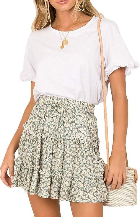 Jhsnjnr Women's Summer Cute High Waist Ruffle Skirt Floral Print Swing Beach Mini Skirt Blue : Amazon.ca: Clothing, Shoes & Accessories Flower Print Skirt, Womens Pleated Skirt, Tiered Mini Skirt, Dot Skirt, Cute Skirts, Green Skirt, Printed Skirts, Spring Outfit, Floral Skirt