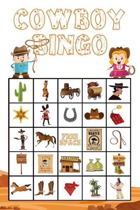 Cowboy Bingo Wild West Bingo Printable Free, Cowboy Craft Ideas, Wild West Prek Activities, Cowboy Games Western Theme, Cowboy Bingo Printable Free, Western Bingo Printable Free, Cowboy Scavenger Hunt, Wild West Themed Crafts, Horse Party Games For Kids