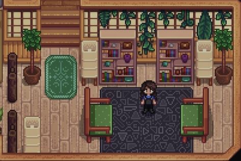 Stardew Valley Library Room, Stardew Valley Living Room Ideas, Stardew Valley Living Room Design, Stardew Valley Bedroom Design, Stardew Decor Ideas, Stardew Valley Living Room, Interior Japanese Style, Ocean Bedroom, Stardew Farms