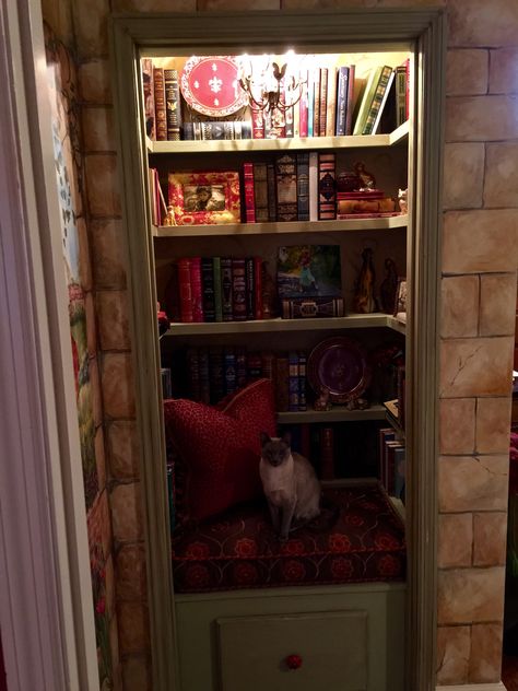 Small closet turned into library nook Tiny Library Room, Book Nook Closet, Closet Library, Library Nook, Small Home Library, Closet Nook, Reading Nook Closet, Whimsical Bedroom, Tiny Closet