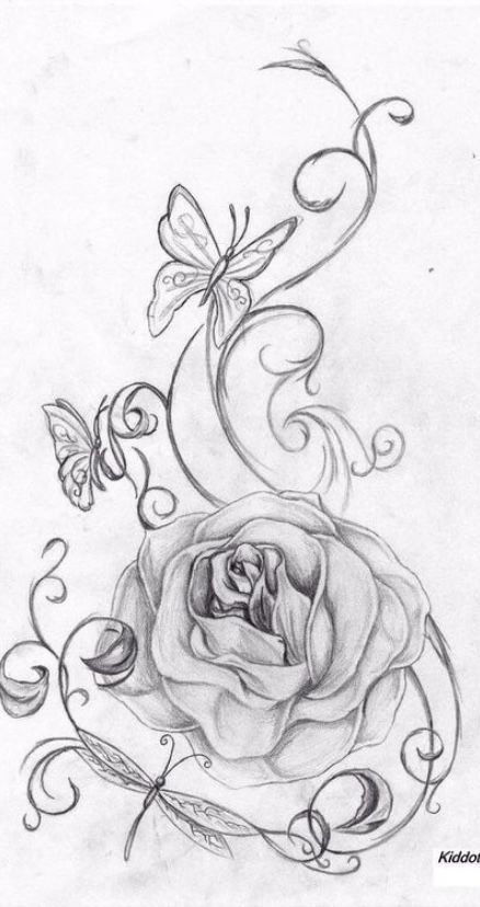 Rose And Butterfly Tattoo, Chicano Drawings, Rose Drawing, Tattoo Sketch, Up Tattoos, Trendy Tattoos, Arte Fantasy, Tattoo Design Drawings, Rose Tattoos