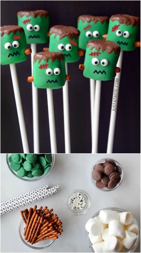 DIY Frankenstein Marshmallow Pops Halloween Chocolate Marshmallows, Frankenstein Marshmallow Pops, Halloween Marshmellow Ideas, Halloween Snacks Marshmallows, Halloween Candy Mold Ideas, Halloween Candy Homemade, Frankenstein Food Ideas, Frankenstein Smores, Frankenstein Themed Food