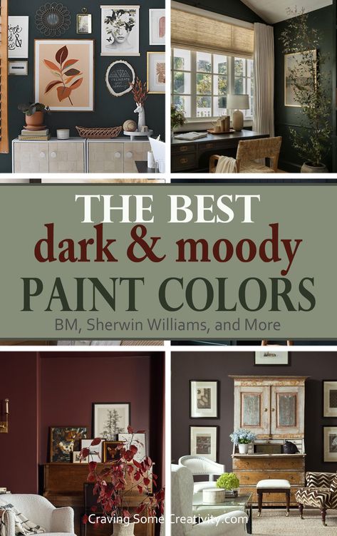 Collage of dark painted rooms including moody bedrooms, offices, and living rooms. Best Moody Paint Colors Behr, Trim For Dark Walls, Dinner Party Paint Color Benjamin Moore, Sherwin Williams Paint Colors Dining Room, Small Dark Hallway Paint Colors, Moody Paint Schemes, Dark Academia Room Paint, Phantom Mist Paint Color, Best Dark Paint Colors Sherwin Williams