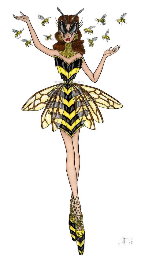 Insect Inspired Dress, Bee Fashion Design, Bee Outfit Drawing, Diy Bee Costume Women, Illustration Dress Design, Animal Fashion Illustration, Costume Design Drawings, Bee Clothes, Bee Outfit