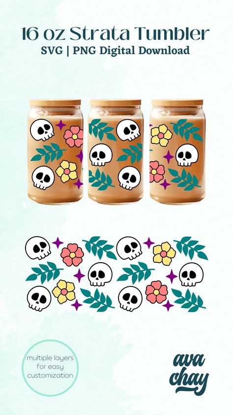 Libby Glasses, Glass Can Svg, Glass Can Wrap, Floral Skull, Personalized Tumblers, Halloween Skull, Custom Tumblers, Beer Can, Tumbler Designs