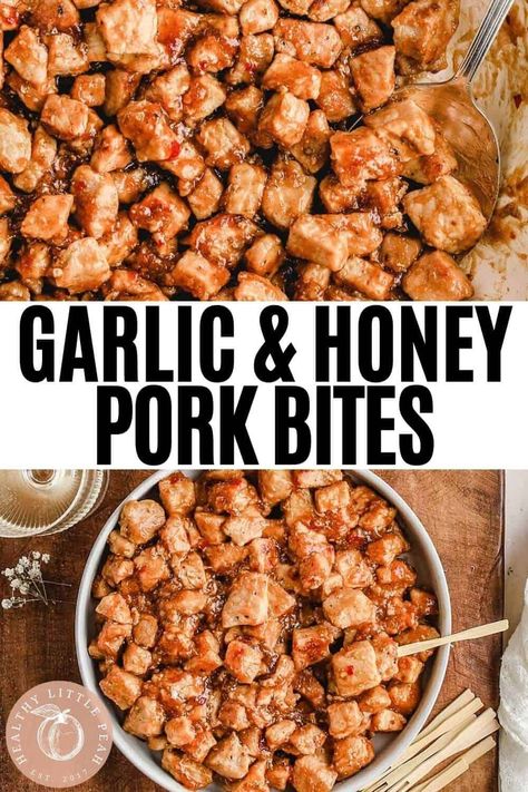 These easy chopped pork bites are smothered in tangy garlic honey sauce with a little kick of spice. The perfect appetizer for any occasion! Gluten-free, paleo, and dairy-free. Garlic Pork Chop Bites, Dairy Free Crockpot Pork Chops, Pork Nuggets Recipe, Crockpot Pork Bites, Honey Garlic Pork Bites, Pork Bites Recipes, Garlic Pork Bites, Paleo Pork Chop Recipes, Pork Chop Bites