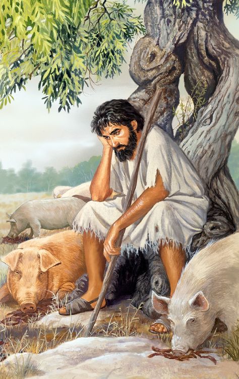 The prodigal son seated under a tree watching swine eat carob pods Bible Creation Story, Bible Paintings, Parable Of The Prodigal Son, Biblical Characters, Christian Symbolism, Bible Pics, The Prodigal Son, Parables Of Jesus, Bible Topics