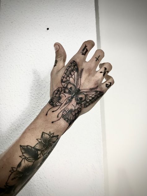 butterfly blackwork hand men tattoo Butterfly Tattoo On Hand Men, Moth Hand Tattoo Men, Butterfly Tattoo On Men, Butterfly Hand Tattoo Men, Practice Makes Perfect Sarah Adams Book, Flower Hand Tattoo Men, Male Butterfly Tattoo, Blackwork Hand Tattoo, Male Hand Tattoos