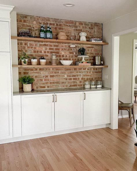 Brick Backsplash Open Shelving, Brick Wall Pantry, Floating Shelves On Brick Wall Kitchen, Kitchens With Exposed Brick, Brick Wall With Shelves, Brick Accent Wall In Kitchen, Shelving On Brick Wall, Brick Backsplash Bar, Brick In Kitchen Accent Walls