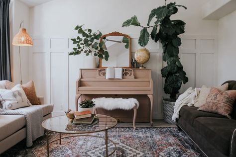 Living Room and Painted Piano Makeover for Deserving Single Mom - Nesting With Grace Styling Piano Living Rooms, Piano Decorating Ideas Modern, Self Playing Piano, Lamp On Piano, How To Style Piano, Living Room Upright Piano, Decor Over Piano, Piano Styling Upright, Piano Small Living Room