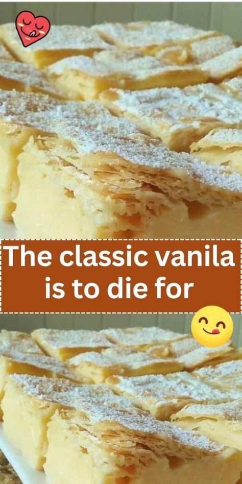 Classic Vanilla Slice Classic Vanilla Slice, Custard Bars Desserts, Puff Pastry Vanilla Pudding, Cream Puff Cake With Puff Pastry, Vanilla Slice Recipe Puff Pastries, Best Vanilla Desserts, Vanilla Custard Desserts, Classic Vanilla Custard Bars, Puff Pastry Pudding Dessert