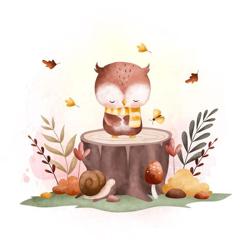 Owl Cute Drawing, Cute Owl Illustration, Garden With Flowers, Autumn Owl, Autumn Animals, Garden Owl, Cute Owls, Illustration Art Kids, Halloween Stories