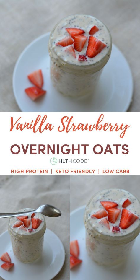 This Keto-Friendly overnight Vanilla Strawberry "Oats" recipe is a breakfast meal-prep miracle! All you have to do is throw the five ingredients into a jar, let them sit overnight, and breakfast is ready in the morning! Low carb "Notmeal" uses hemp hearts and chia seeds to simulate an oatmeal-type texture. View full recipe here: https://gethlth.com/vanilla-strawberry-overnight-oats/ #overnightoats #ketooatmeal #noats #noatmeal #lowcarboats Keto Overnight Oats Low Carb, Key Lime Overnight Oats, Code Recipes, Strawberry Oats, Keto Oatmeal, Strawberry Overnight Oats, Overnight Oatmeal Recipes, Overnight Oats Healthy, Overnight Oatmeal