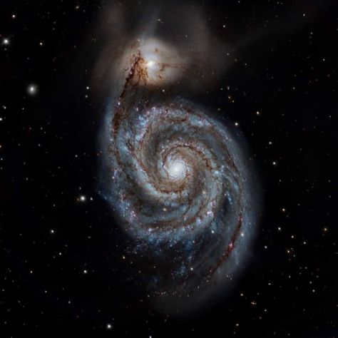 M51 THE WHIRLPOOL GALAXY Image processed by Ronny Jacob, original data from TelescopeLive. M51, also known as the Whirlpool Galaxy, is a spiral galaxy located in the constellation Canes Venatici. It is famous for its distinctive spiral arms and a smaller companion galaxy, interacting through gravitational forces Galaxy Images, Whirlpool Galaxy, Spiral Galaxy, Image Processing, In Space, Astronomy, Constellations, Collage, Sports