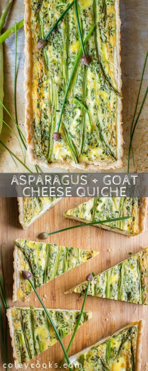 ASPARAGUS + GOAT CHEESE QUICHE | Easy quiche recipe perfect for spring! Easter brunch, mothers day, or just a Sunday at home! Flaky, buttery crust, creamy goat cheese, tender asparagus and perfectly set eggs. #eggs #easy #homemade #quiche #asparagus #goat #crust #cheese #chives #spring #easter #brunch | ColeyCooks.com Unique Quiche Recipes, Asparagus Goat Cheese Quiche, Spring Quiche Recipes, Ostara Food Recipes, Pretty Quiche, Quiche Asparagus, Spring Food Ideas, Spring Quiche, Asparagus Goat Cheese