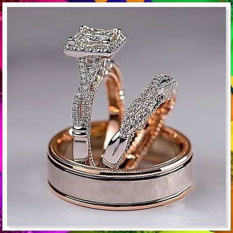 Looking for the perfect wedding ring sets for your big day? Check out these 9 stunning ideas that will make your special day even more memorable. From classic designs to modern styles, find the perfect wedding ring set to symbolize your love and commitment. Explore now! Trio Ring Set, Luxury Engagement Rings, Marriage Ring, Trio Ring, Diamond Ring Settings, Copper Rings, Princess Diamond, Womens Wedding Bands, Cz Diamond