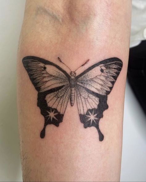 cool asf tattoo I wanna get Blue Morpho Butterfly Tattoo Black And White, Moth Elbow Tattoo, Butterfly Tattoo Back, Aesthetic Tattoo Ideas, Unique Tattoo Ideas, 20 Aesthetic, Funky Tattoos, Sick Tattoo, Wicked Tattoos