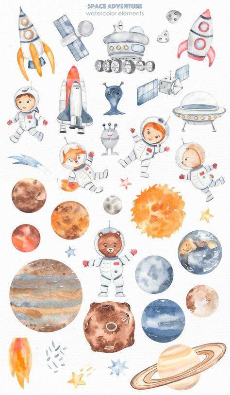 Watercolor kids clipart Space adventure with cute little astronauts, rocket, moon rover, flying saucer, solar system planets, aliens, shuttle, satellites, comet, meteorites, stars. Moon Rover, Flower Border Clipart, Space Watercolor, Astronaut Illustration, Watercolour Nursery Art, Poster Presentation Template, Solar System Planets, Space Adventure