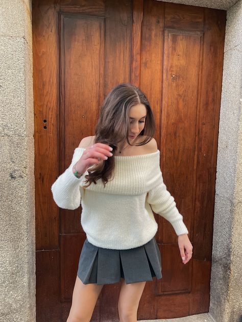 Off the shoulders sweater; skater skirt; White Vacation Outfit, Vacation Outfit, Vacation Outfits, Shoulder Sweater, Fall Outfit, Skater Skirt, Off The Shoulder, Fall Outfits, Fall Winter