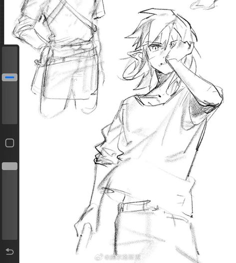 Head Lifted Up Reference, Shirt Blowing In The Wind Reference, Character Design Poses Reference Concept Art, Arms Behind Back Pose Drawing, Link Poses, Simple Animation Ideas, Link Artwork, Phone Drawing, Different Poses