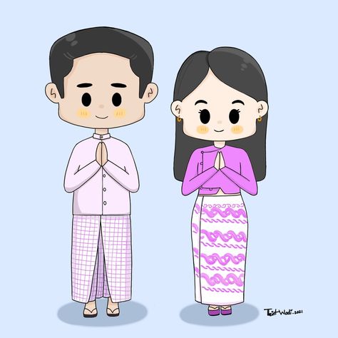 Burmese couple chibi standing and praying. Myanmar Character Design, Myanmar Cartoon Art, Thadingyut Festival Drawing, Thadingyut Festival Photo, Thadingyut Festival Design, Myanmar Couple, Thadingyut Festival, Photo Album Design Layout, Myanmar Cartoon