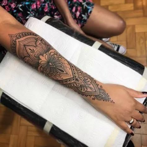 Lace Sleeve Tattoos, Mandala Arm Tattoos, Mandala Tattoos For Women, Mandala Wrist Tattoo, Mandela Tattoo, Mandala Hand Tattoos, Mandala Tattoo Sleeve, Cuff Tattoo, Henna Inspired Tattoos