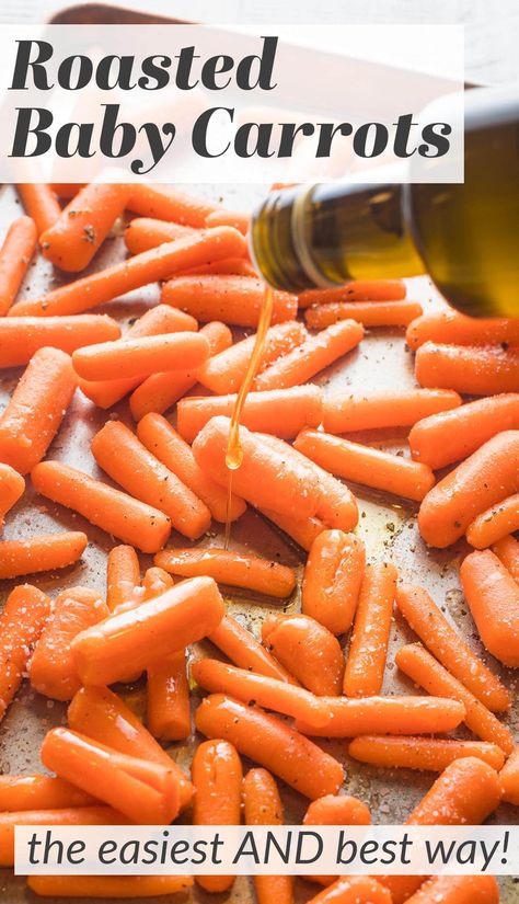 Roasted Baby Carrots are one of the easiest and tastiest side dishes you can make! Five minutes of prep and then they roast away to tender, sweet perfection, ready to serve alongside any meal. Keep it super simple with just olive oil, salt, and pepper, or dress things up with some of the tasty additions suggested below. Baby Carrots Side Dish, Carrots Recipe Healthy, Cooked Baby Carrots, Sweet Baby Carrots, Roasted Baby Carrots, Baby Carrot Recipes, Carrots Side Dish, Honey Glazed Chicken, Olive Recipes