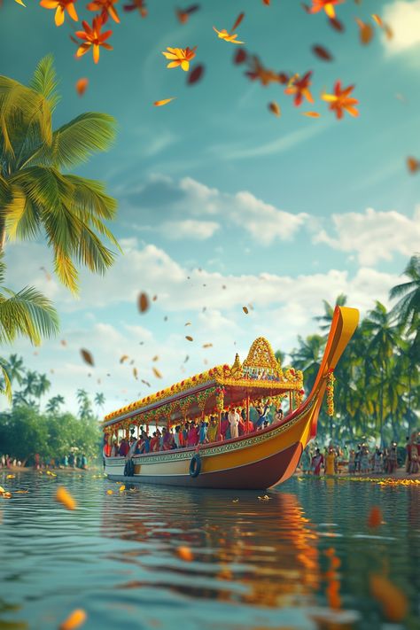 ce front view of a onam boat with peoples celebrating Onam festival in green lake, onam festive vibe, nice festive theme, hd, 4k Onam Images Hd, Kerala Background, Onam Theme, Onam Background, Onam Pictures, Onam Poster, Onam Images, Onam Celebration, Onam Festival