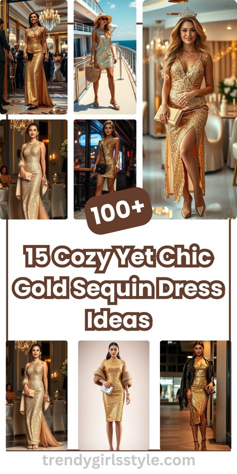 15 Cozy Yet Chic Gold Sequin Dress Ideas  #GoldSequinDress #ChicFashion #CozyGlam #FashionInspo #StyleIdeas #DressToImpress Champagne Theme Party Outfit, Gold Outfits For Women Classy, Gold Birthday Outfit Black Women, Gold Sequin Dress Outfit, Gold Outfits For Women, Gold Dress Outfits, Gold Birthday Outfit, Gold Sequence Dress, Christmas Party Outfit Work