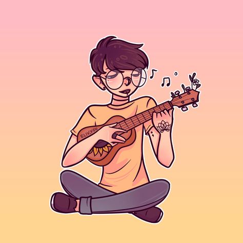 Playing Ukulele Drawing Reference, Playing Ukelele Pose Reference, Ukulele Drawing Sketch, Ukulele Pose Reference, Ukulele Sketch, Ukulele Illustration, Ukulele Drawing, Painted Ukulele, Ukulele Art