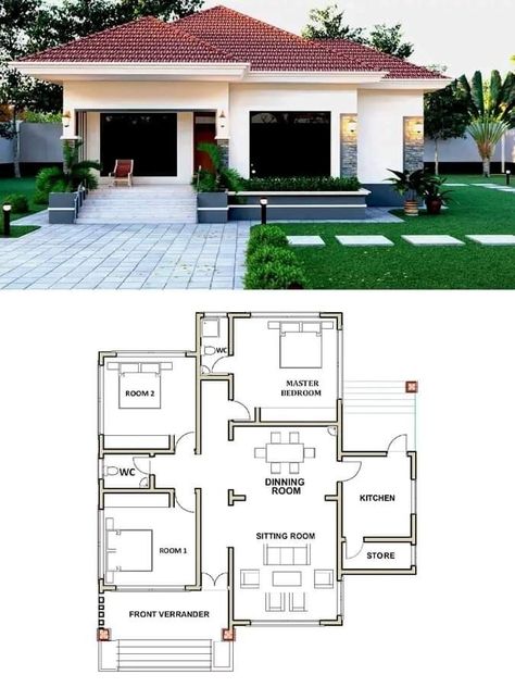 Single Room House Design, 80m2 House Plans, Three Bedroom House Plan Simple, 3 Room House Plan, Ground Floor House, Small House Floor Plan, Modern Bungalow House Plans, Small House Blueprints, Bungalow Style House