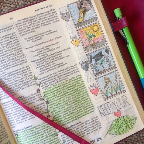 Parable Of The Sower Art, Matthew 13 Bible Journaling, Bible Journaling Drawings, Bible Journaling Matthew, Bible Decorating, Bible Journal Matthew, The Parable Of The Sower, Bible Parables, Parable Of The Sower